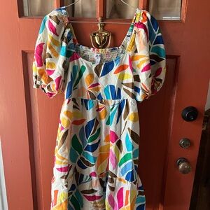 Vibrant Leaf Print Midi Dress Tabitha Brown Linen blend